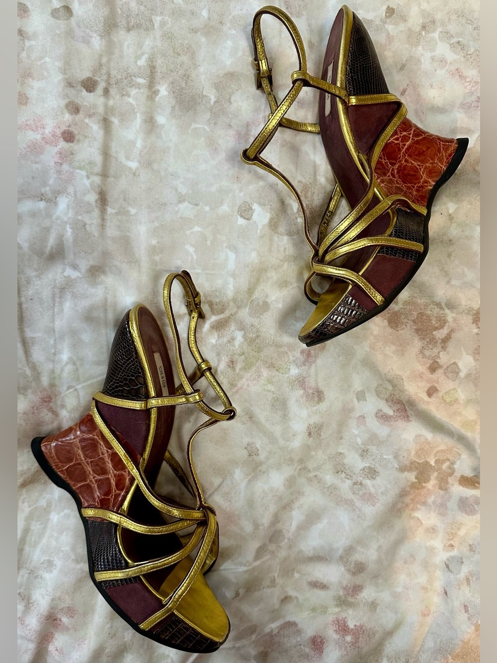 Prada Multicolor Metallic Gold, Burgundy & Brown Slingback Heels
